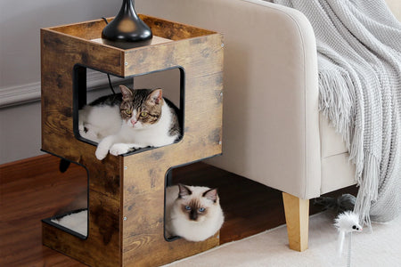 23" Wood Cat House Furniture for Indoor Cats, Modern Cat Tree Tower Bed with Free Cat Toy, Scratching Pad and Removable Soft Mats, Small Cat Condo, Brown