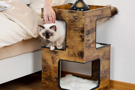 23" Wood Cat House Furniture for Indoor Cats, Modern Cat Tree Tower Bed with Free Cat Toy, Scratching Pad and Removable Soft Mats, Small Cat Condo, Brown