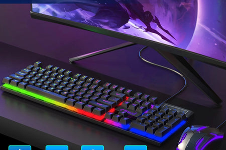 Gaming Keyboard and Mouse Combo, RGB LED Backlit Wired Computer Keyboard, Rainbow Light up USB Keyboard with 26 Anti-Ghosting Keys for PC Gamer, Laptop, Office, Black