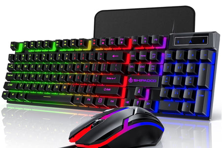 Gaming Keyboard and Mouse Combo, RGB LED Backlit Wired Computer Keyboard, Rainbow Light up USB Keyboard with 26 Anti-Ghosting Keys for PC Gamer, Laptop, Office, Black