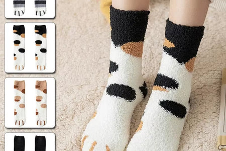 Plush Winter Funny Cute Style Animal Cat Paw Cartoon Pattern Women Cotton Socks Super Soft for Female House Sleeping Floor Sox