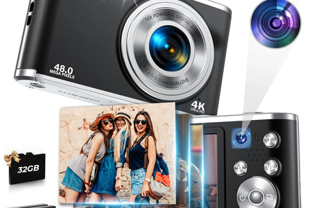 4K Digital Camera 48MP Autofocus Vlog Video Dual Cameras for Youtube with 32GB Card,Black,New