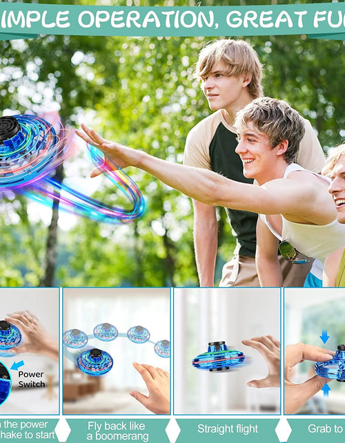 Load image into Gallery viewer, Flying Spinner Mini UFO Toy for Kids, Flying Fidget Spinner UFO Toy , Flying Orb Ball Hand Operated with 360 ° Rotating and LED Lights for Adult and Kids (Blue)
